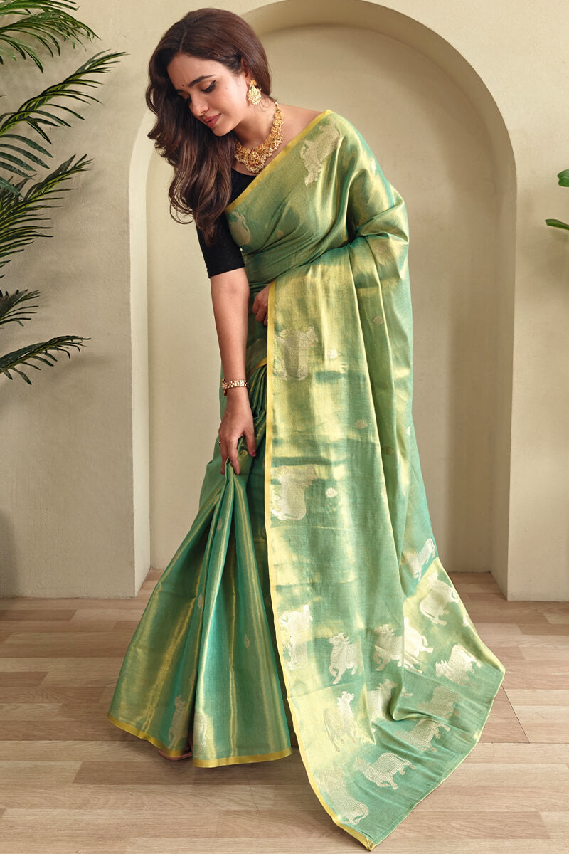 Splendiferous Pista Soft Banarasi Tissue Silk Saree With Elegant Blouse Piece