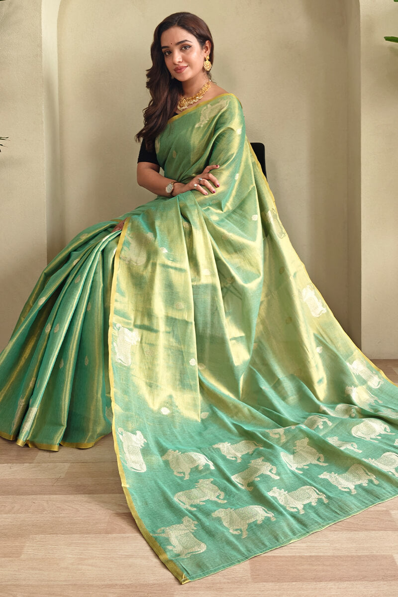 Splendiferous Pista Soft Banarasi Tissue Silk Saree With Elegant Blouse Piece