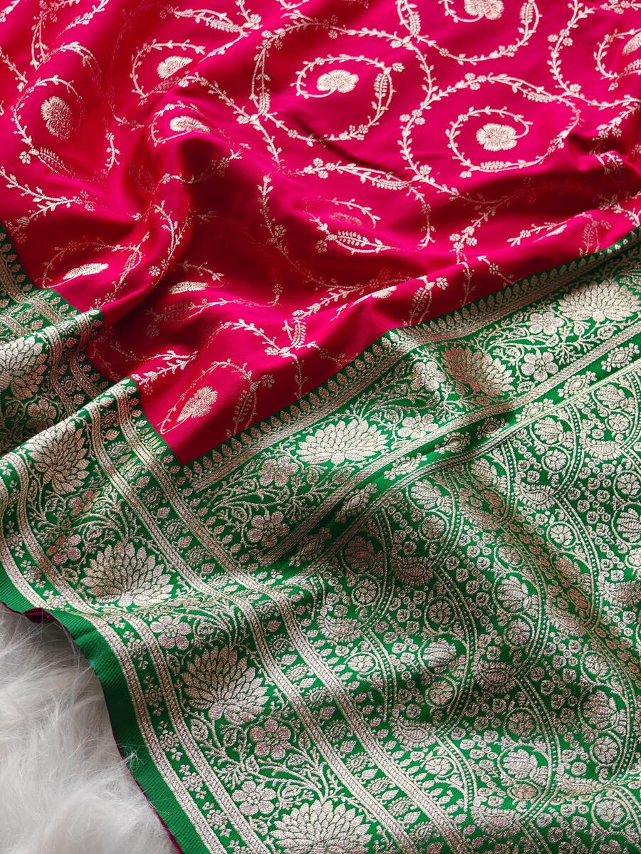 Rhapsody Dark Pink Banarasi Satin Silk Saree With Assemblage Blouse