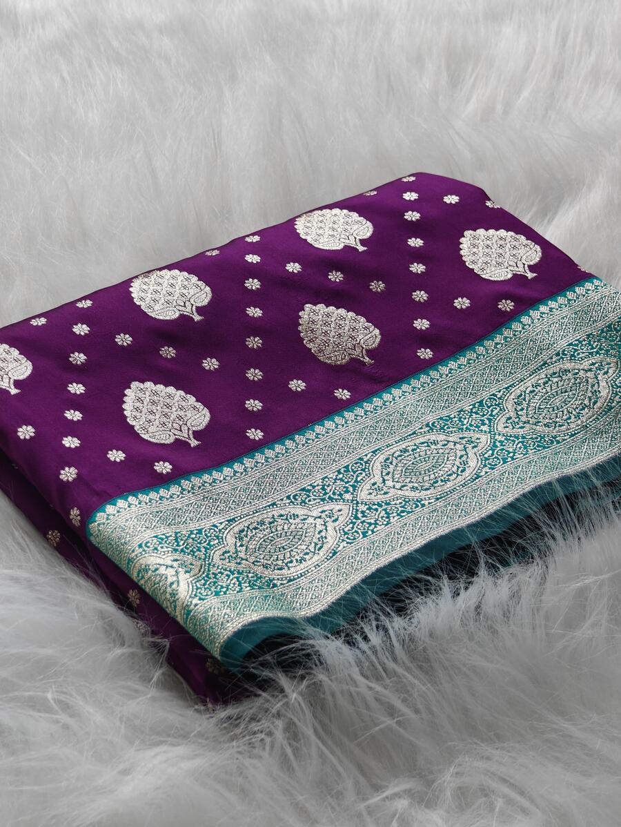 Pretty Purple Banarasi Satin Silk Saree With Majestic Blouse