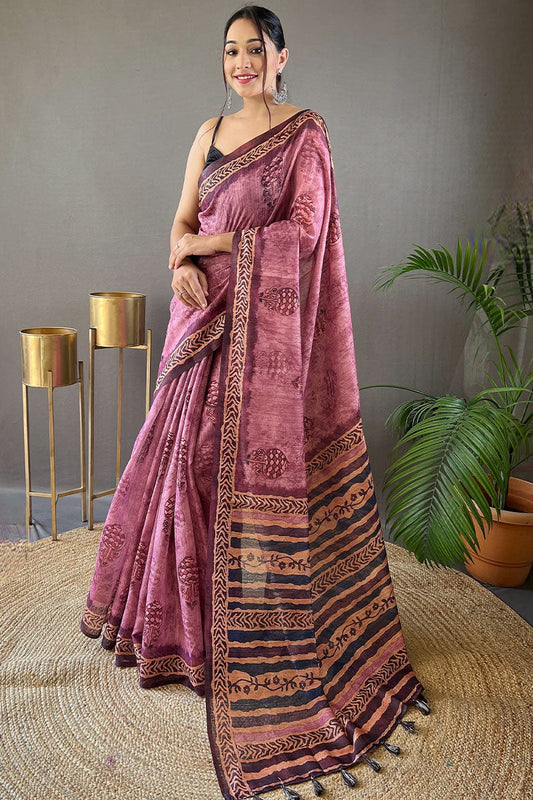 Captivating Pink Digital Printed Tussar Silk Saree With Inspiring Blouse Piece