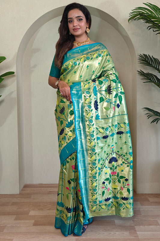 Jazzy Parrot Paithani Silk Saree With Ethnic Blouse Piece