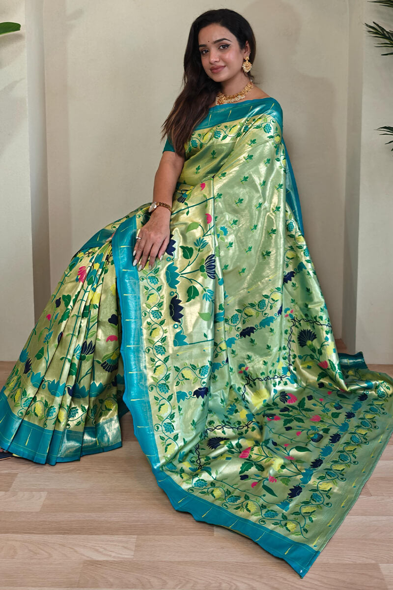 Jazzy Parrot Paithani Silk Saree With Ethnic Blouse Piece