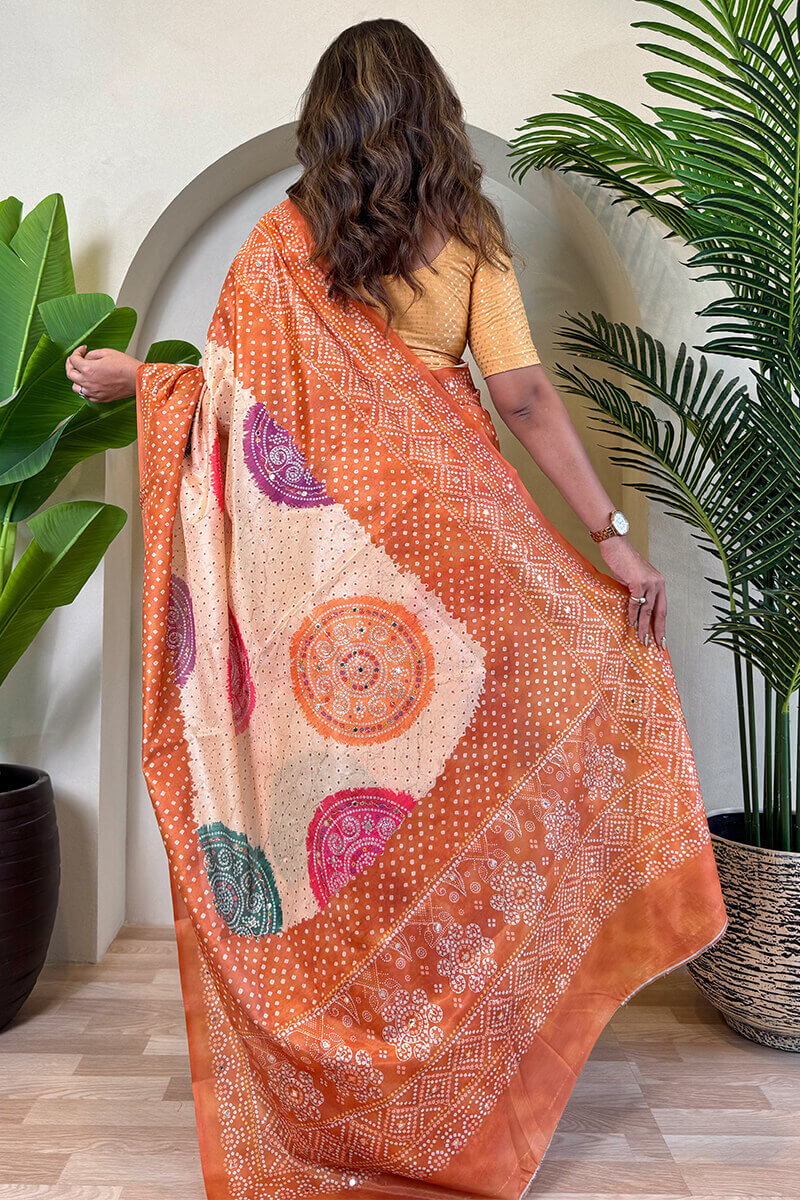 Elision Peach Digital Printed Tissue Silk Saree With Scintilla Blouse Piece