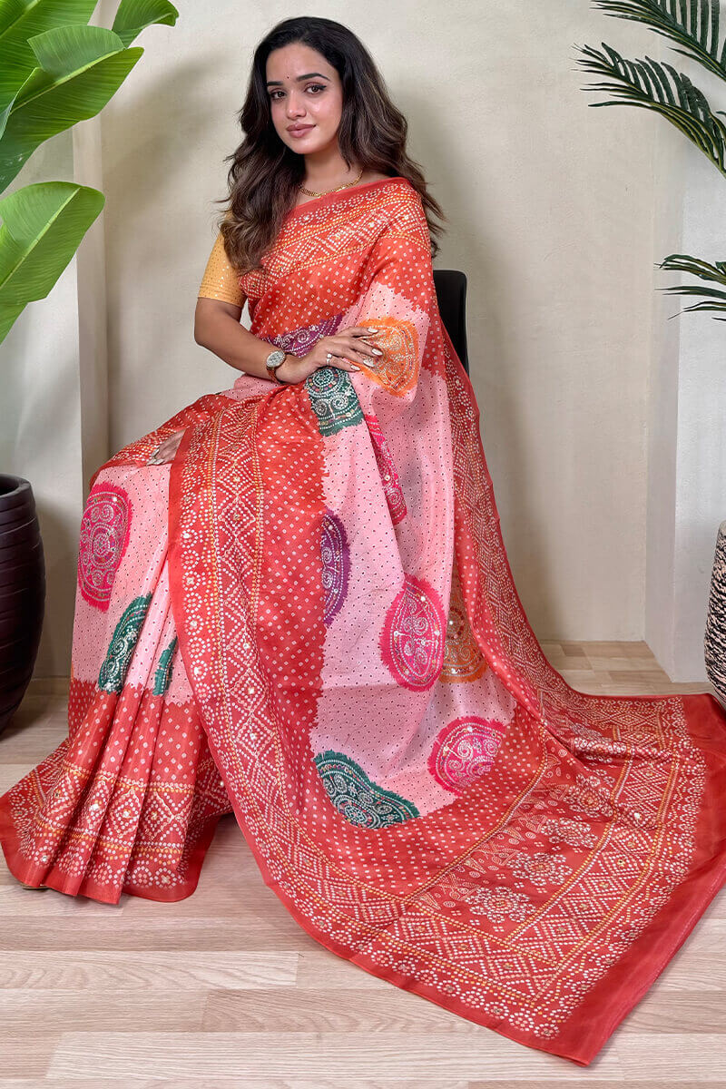 Prominent Pink Digital Printed Tissue Silk Saree With Forbearance Blouse Piece