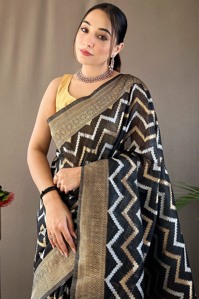 Angelic Black Cotton Silk Saree With Conflate Blouse Piece