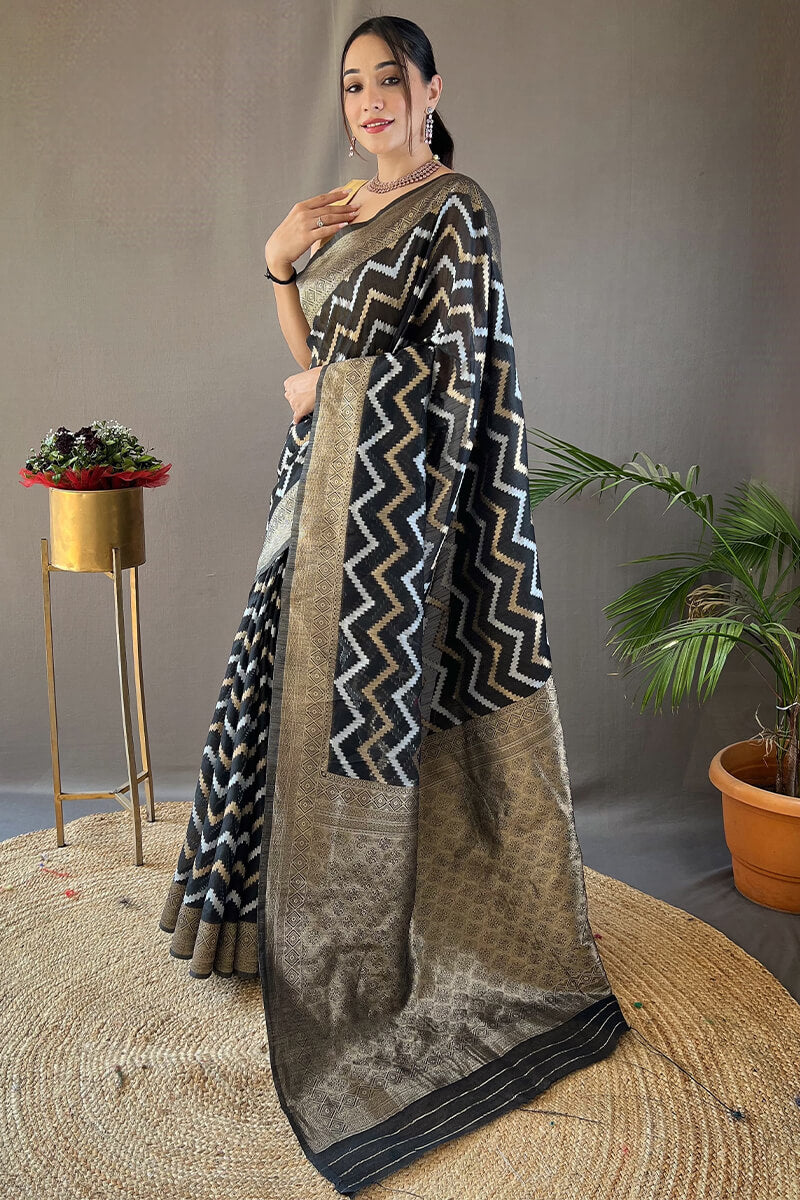 Angelic Black Cotton Silk Saree With Conflate Blouse Piece