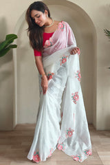 Adorable Off White Embroidery Work Crush Silk Saree With Embellished Blouse Piece