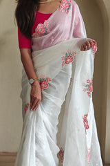 Adorable Off White Embroidery Work Crush Silk Saree With Embellished Blouse Piece