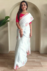 Adorable Off White Embroidery Work Crush Silk Saree With Embellished Blouse Piece