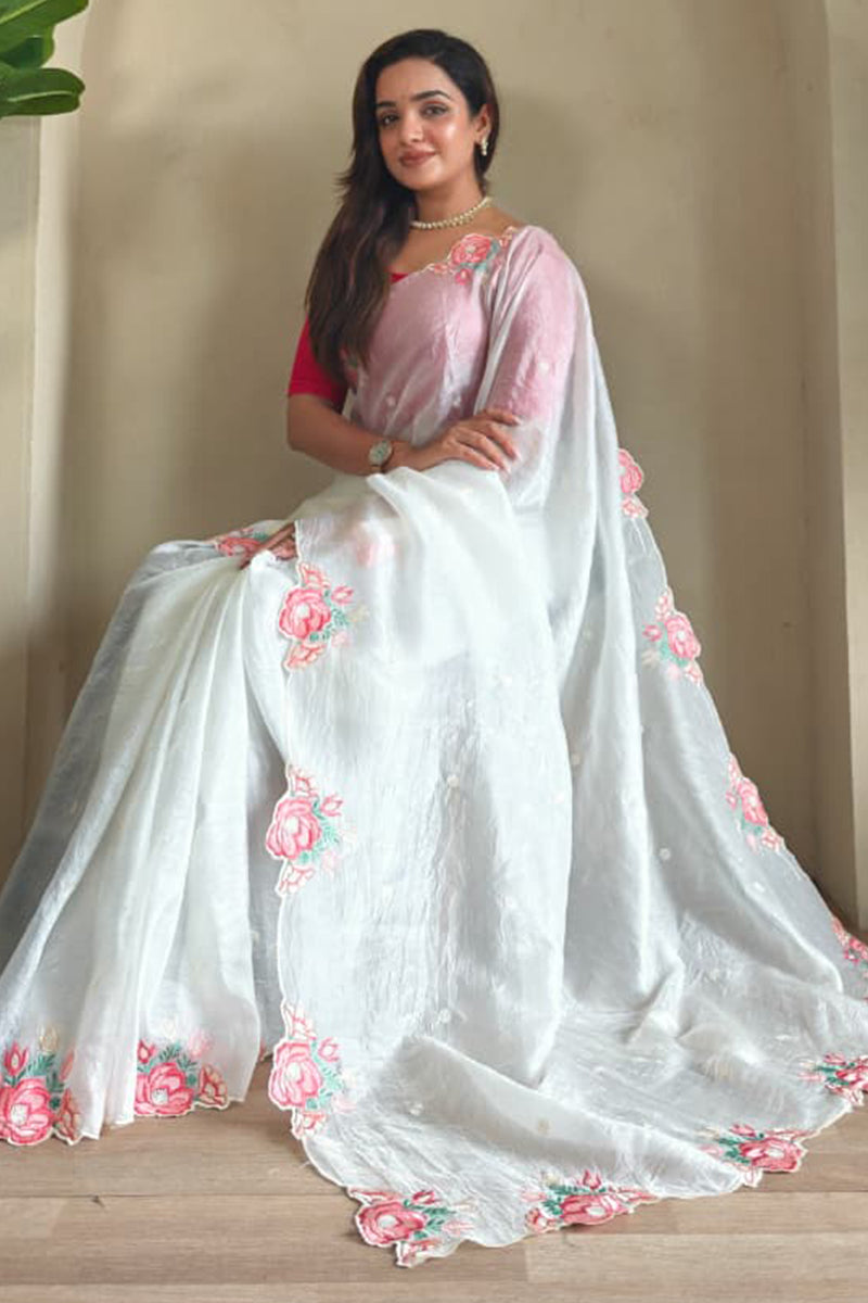 Adorable Off White Embroidery Work Crush Silk Saree With Embellished Blouse Piece