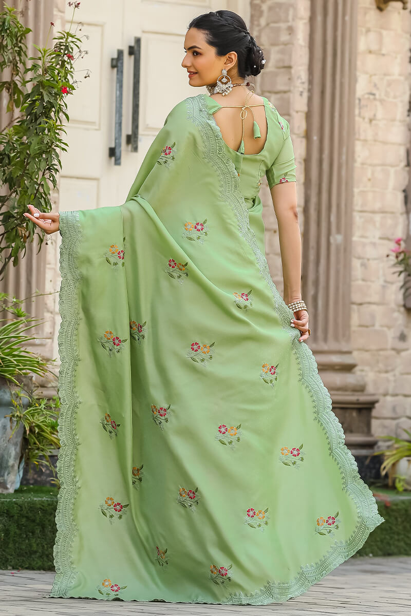 Desuetude Green Embroidery Work Tussar Silk Saree With Beleaguer Blouse Piece