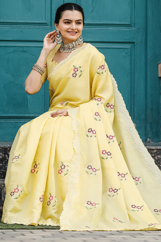 Attractive Yellow Embroidery Work Tussar Silk Saree With Lovely Blouse Piece - Mameraa