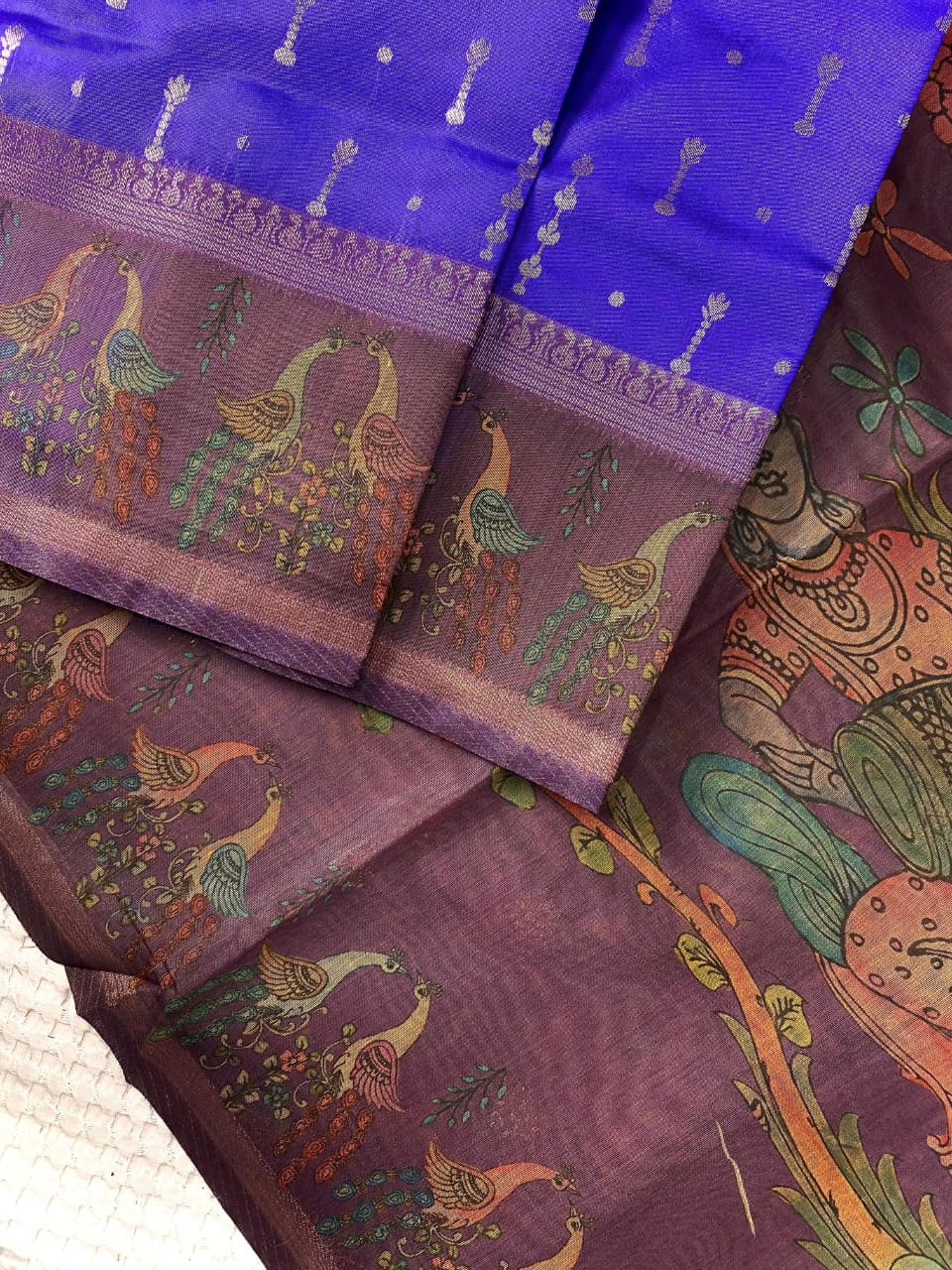 Zephyr Royal Blue Soft Chanderi Silk Printed Saree With Blooming Blouse Piece