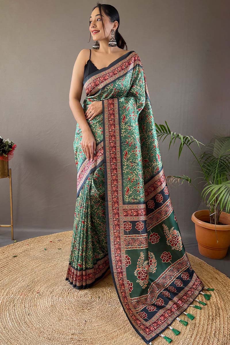 Traditional Green Digital Printed Soft Silk Saree With Divine Blouse Piece