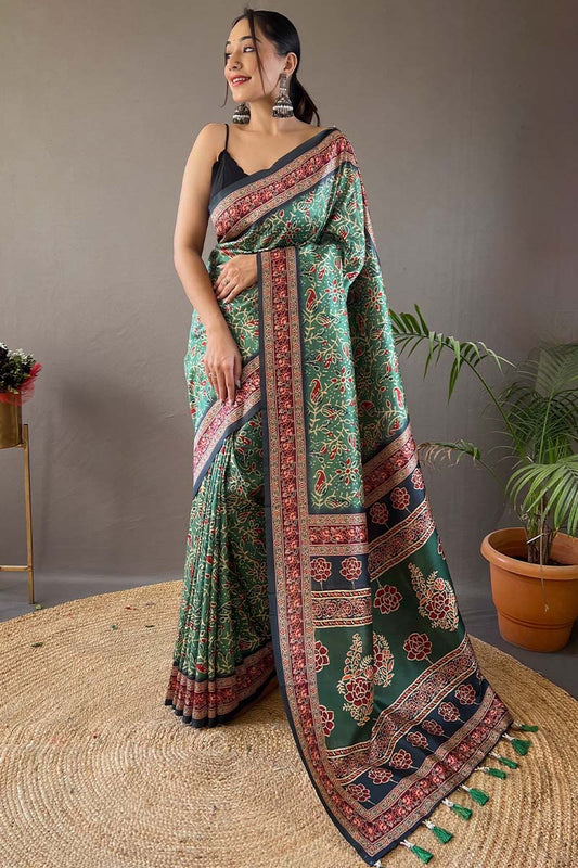 Traditional Green Digital Printed Soft Silk Saree With Divine Blouse Piece