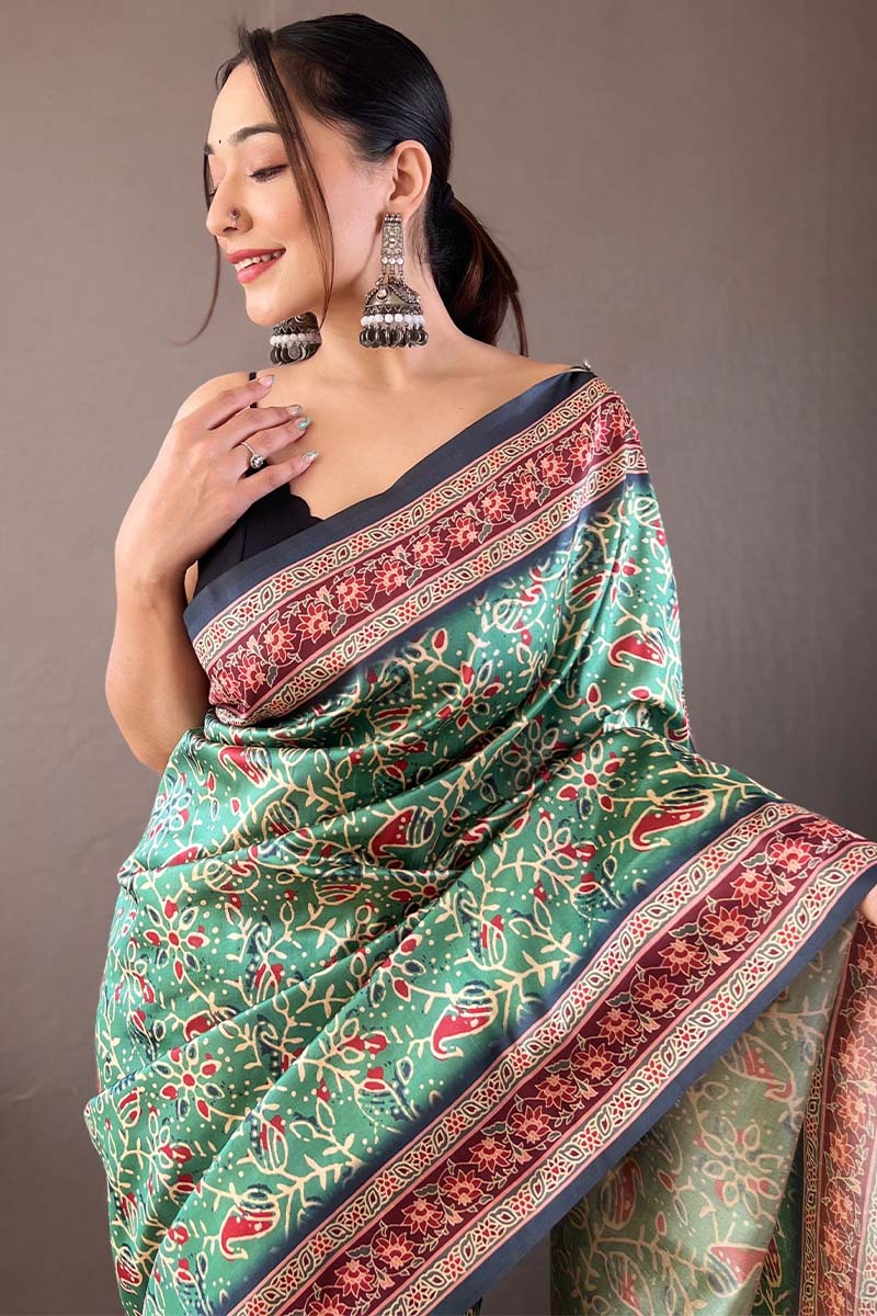 Traditional Green Digital Printed Soft Silk Saree With Divine Blouse Piece