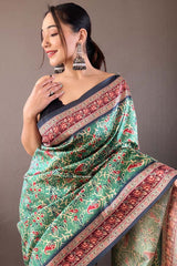 Traditional Green Digital Printed Soft Silk Saree With Divine Blouse Piece
