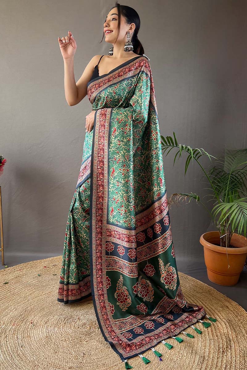 Traditional Green Digital Printed Soft Silk Saree With Divine Blouse Piece