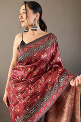 Ephemeral Maroon Digital Printed Soft Silk Saree With Imbrication Blouse Piece