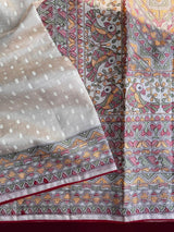 Flattering Off White Embroidery Work Tussar Silk Saree With Amiable Blouse Piece