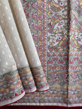 Flattering Off White Embroidery Work Tussar Silk Saree With Amiable Blouse Piece