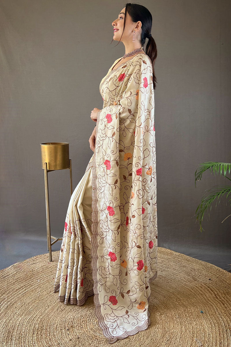 Precious Beige Embroidery Work Tussar Silk Saree With Phenomenal Blouse Piece