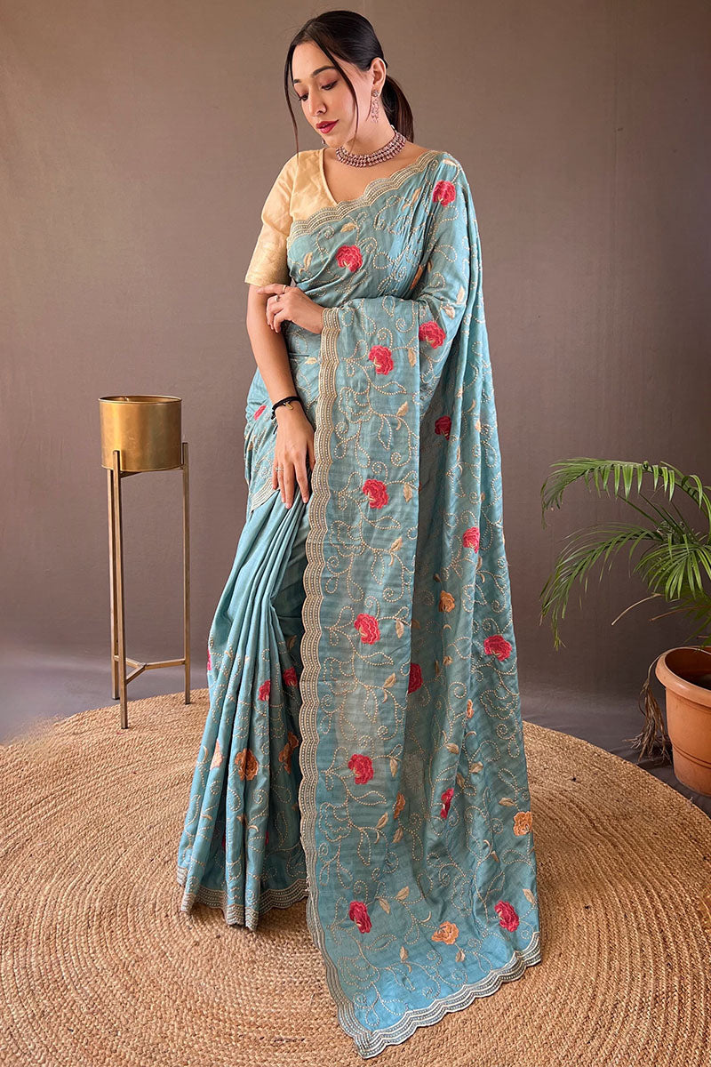 Demure Firozi Embroidery Work Tussar Silk Saree With Fugacious Blouse Piece