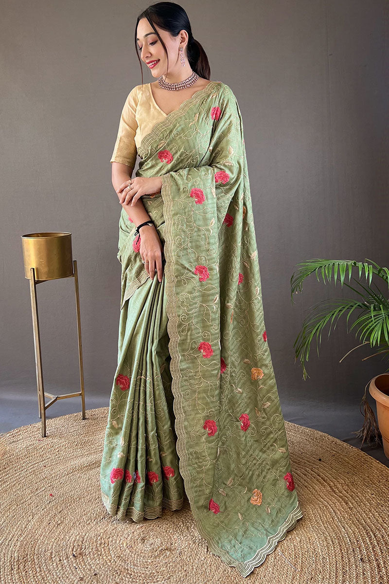 Quintessential Green Embroidery Work Tussar Silk Saree With Susurrous Blouse Piece