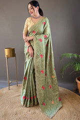 Quintessential Green Embroidery Work Tussar Silk Saree With Susurrous Blouse Piece