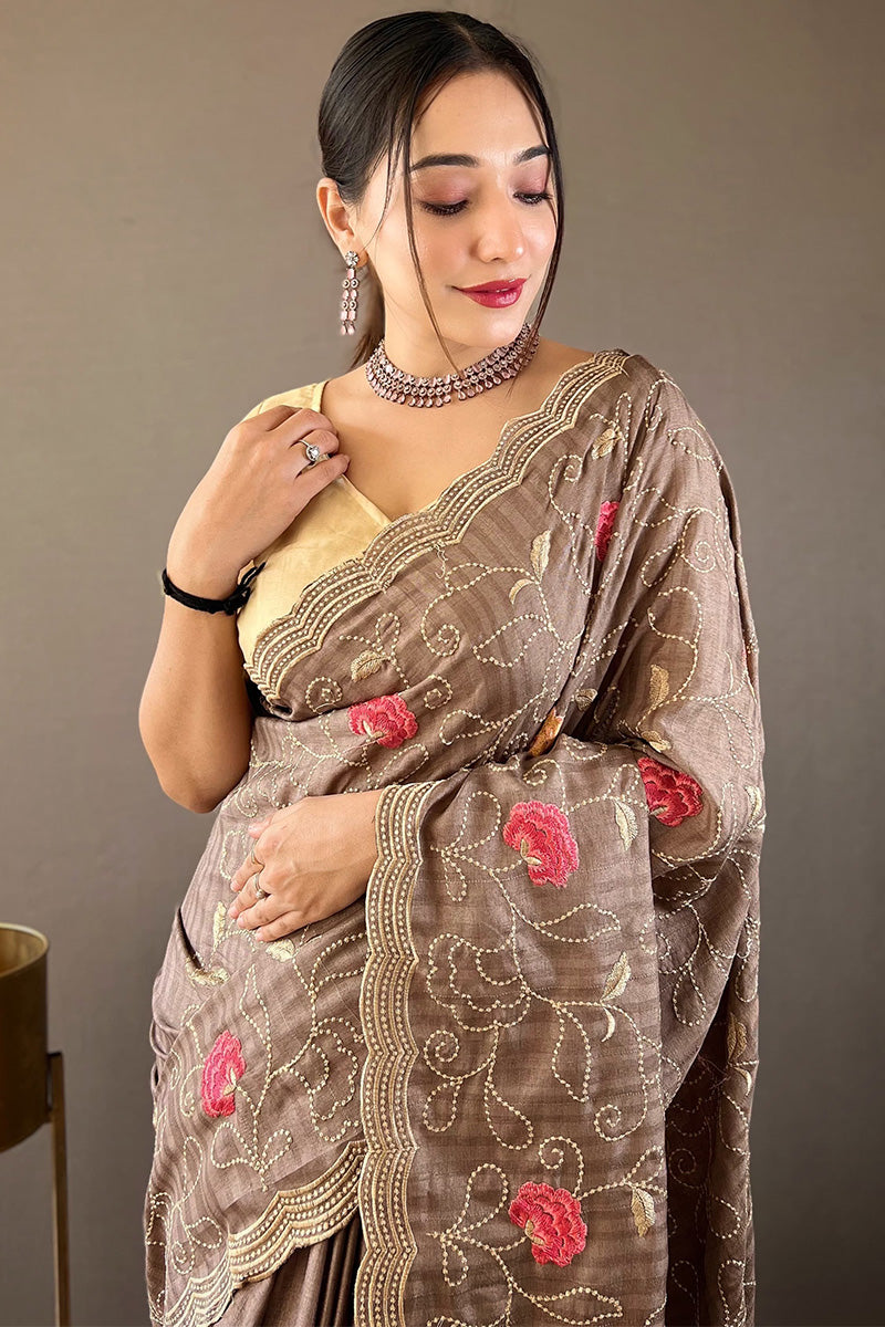 Magnetic Grey Embroidery Work Tussar Silk Saree With Staggering Blouse Piece