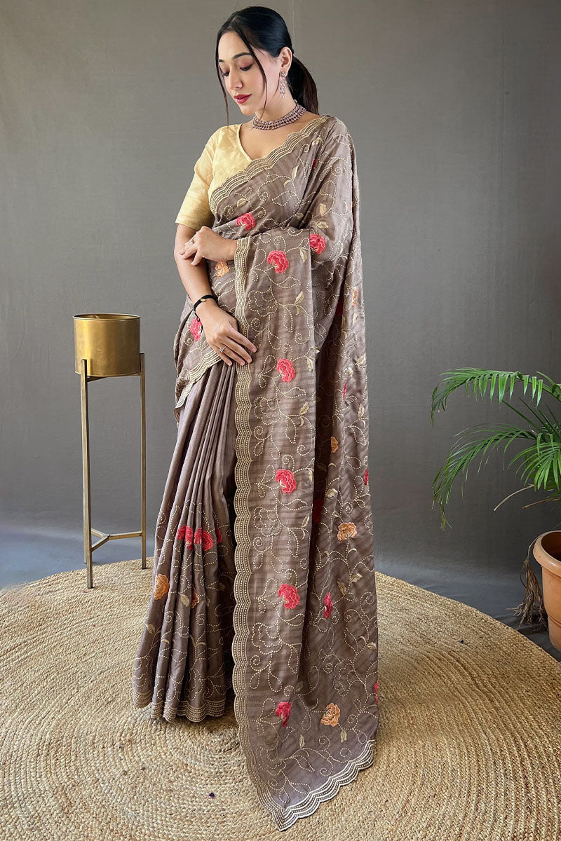 Magnetic Grey Embroidery Work Tussar Silk Saree With Staggering Blouse Piece