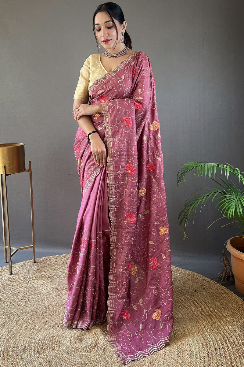 Whimsical Wine Embroidery Work Tussar Silk Saree With Elaborate Blouse Piece