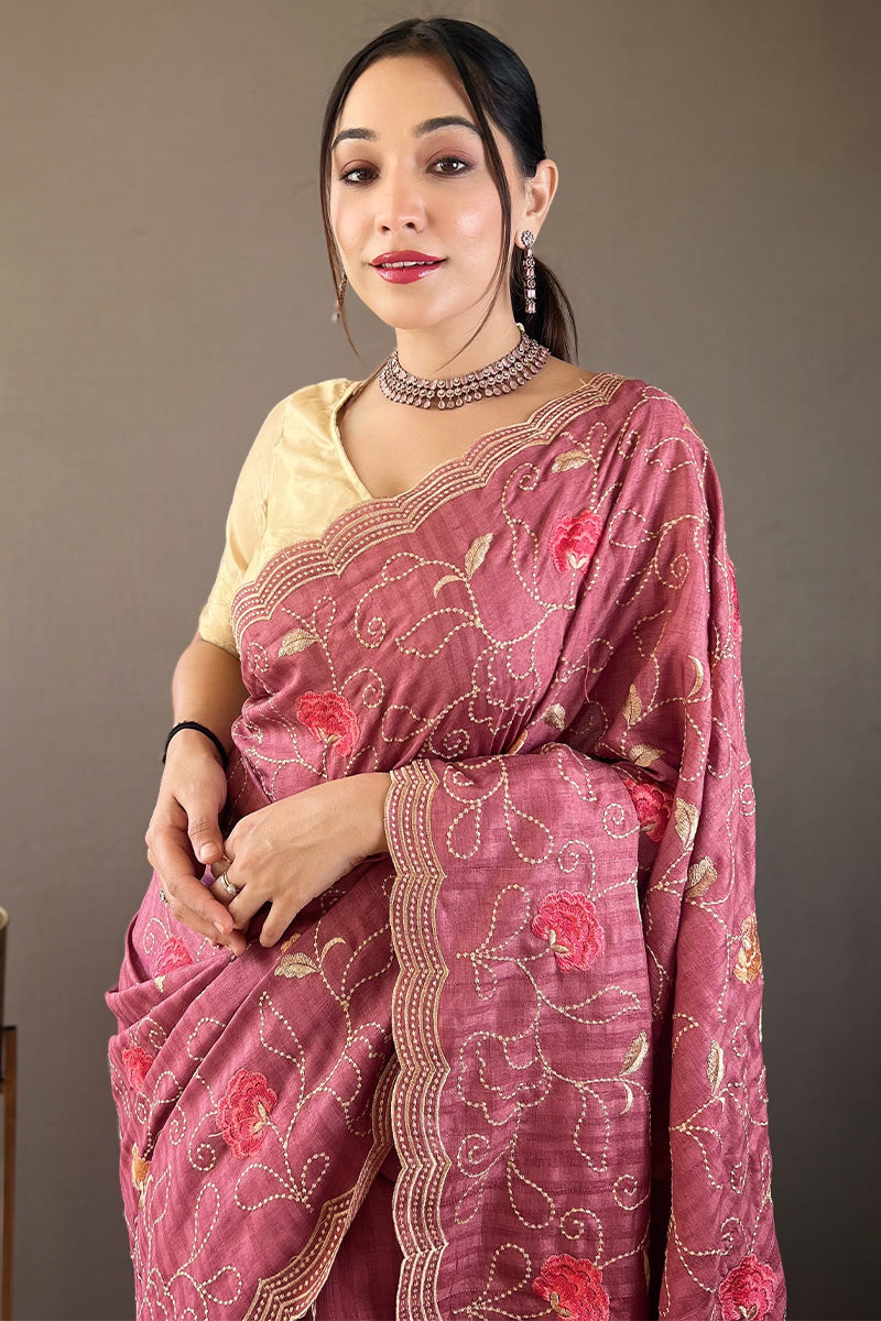 Whimsical Wine Embroidery Work Tussar Silk Saree With Elaborate Blouse Piece