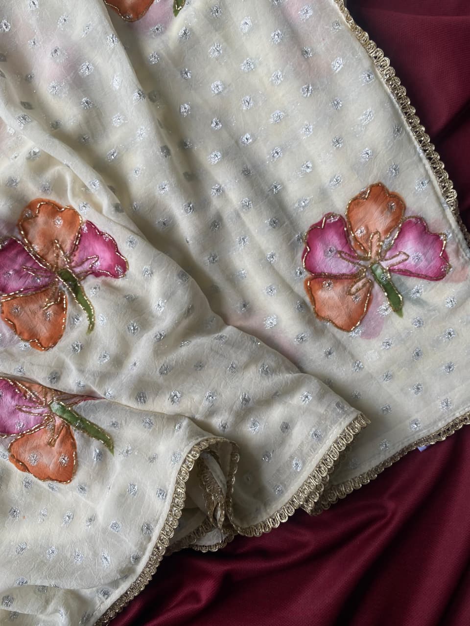 Dalliance Off White Handwork Crush Silk Saree With Unique Blouse Piece