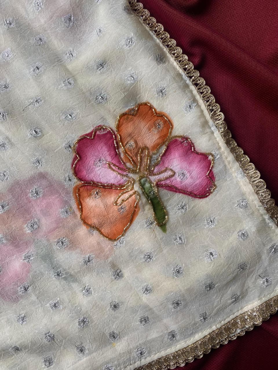 Dalliance Off White Handwork Crush Silk Saree With Unique Blouse Piece