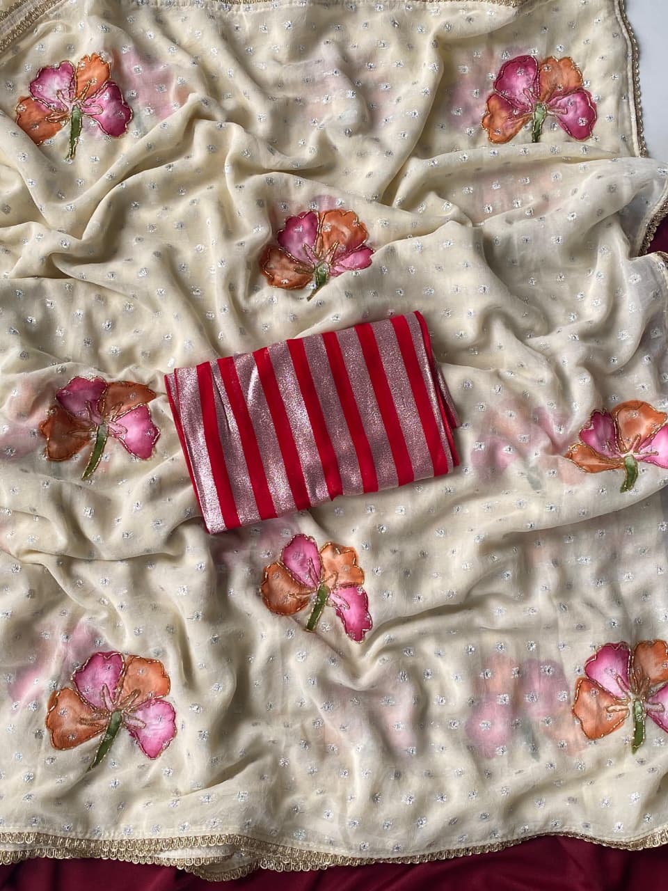 Dalliance Off White Handwork Crush Silk Saree With Unique Blouse Piece