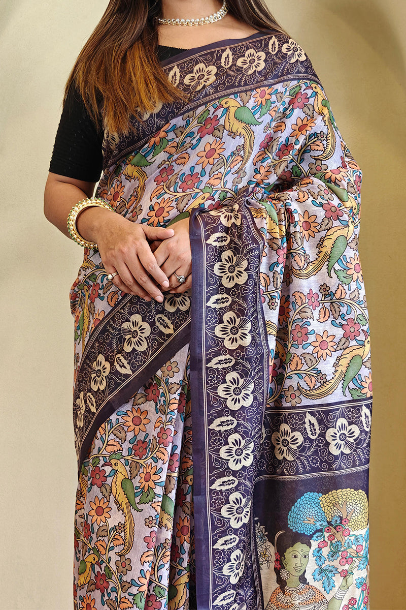 Incredible Lavender Kalamkari Printed Saree With Enamoring Blouse Piece