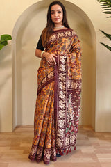 Allure Mustard Kalamkari Printed Saree With Desultory Blouse Piece