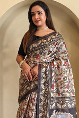 Scrumptious Off White Kalamkari Printed Saree With Scintillating Blouse Piece