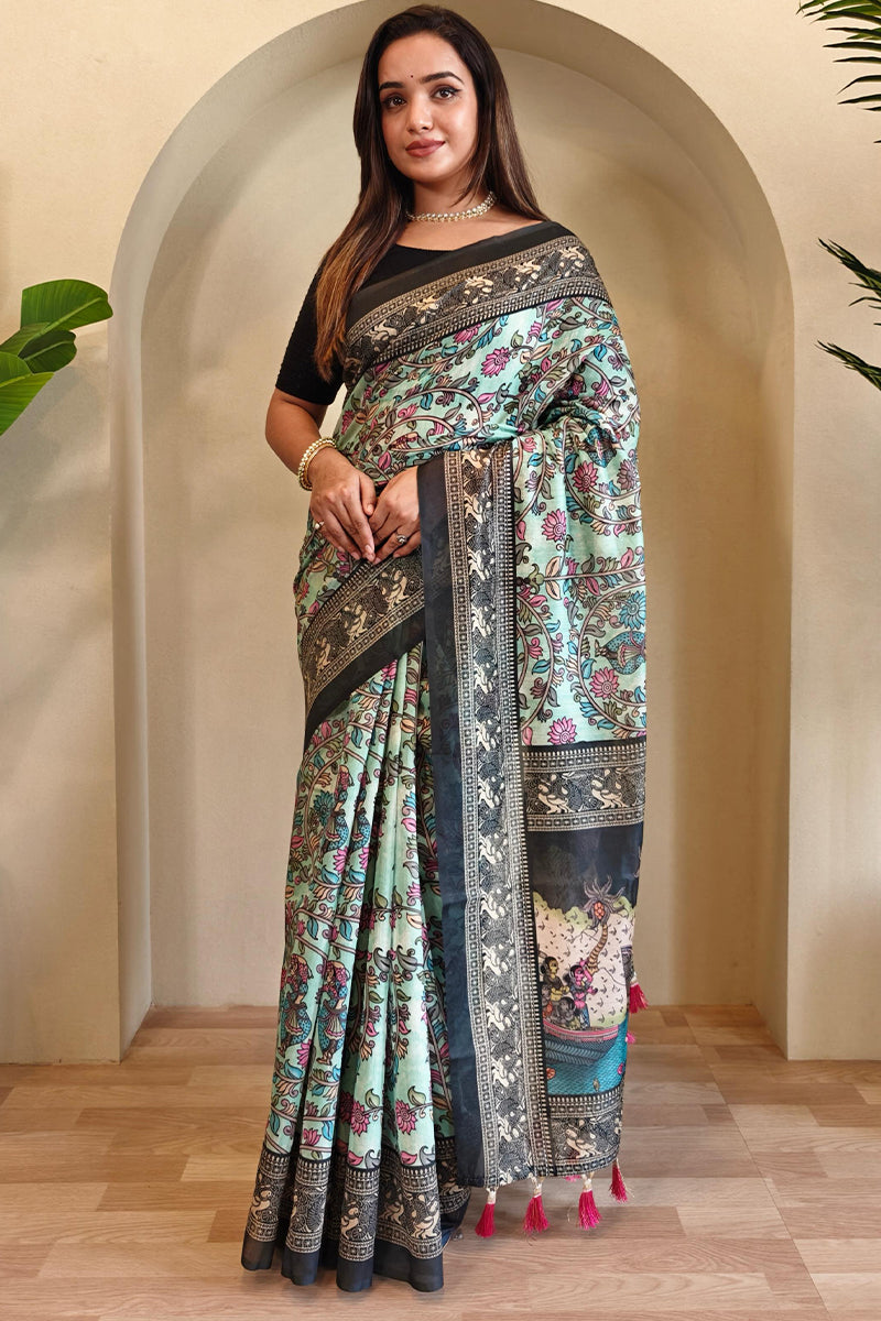 Nectarous Sky Kalamkari Printed Saree With Incomparable Blouse Piece