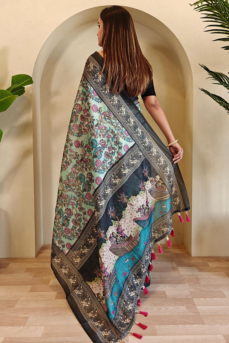 Nectarous Sky Kalamkari Printed Saree With Incomparable Blouse Piece