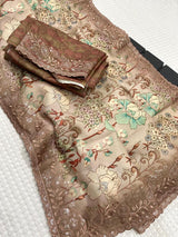 Desultory Brown Embroidery Work Tussar Silk Saree With Innovative Blouse Piece