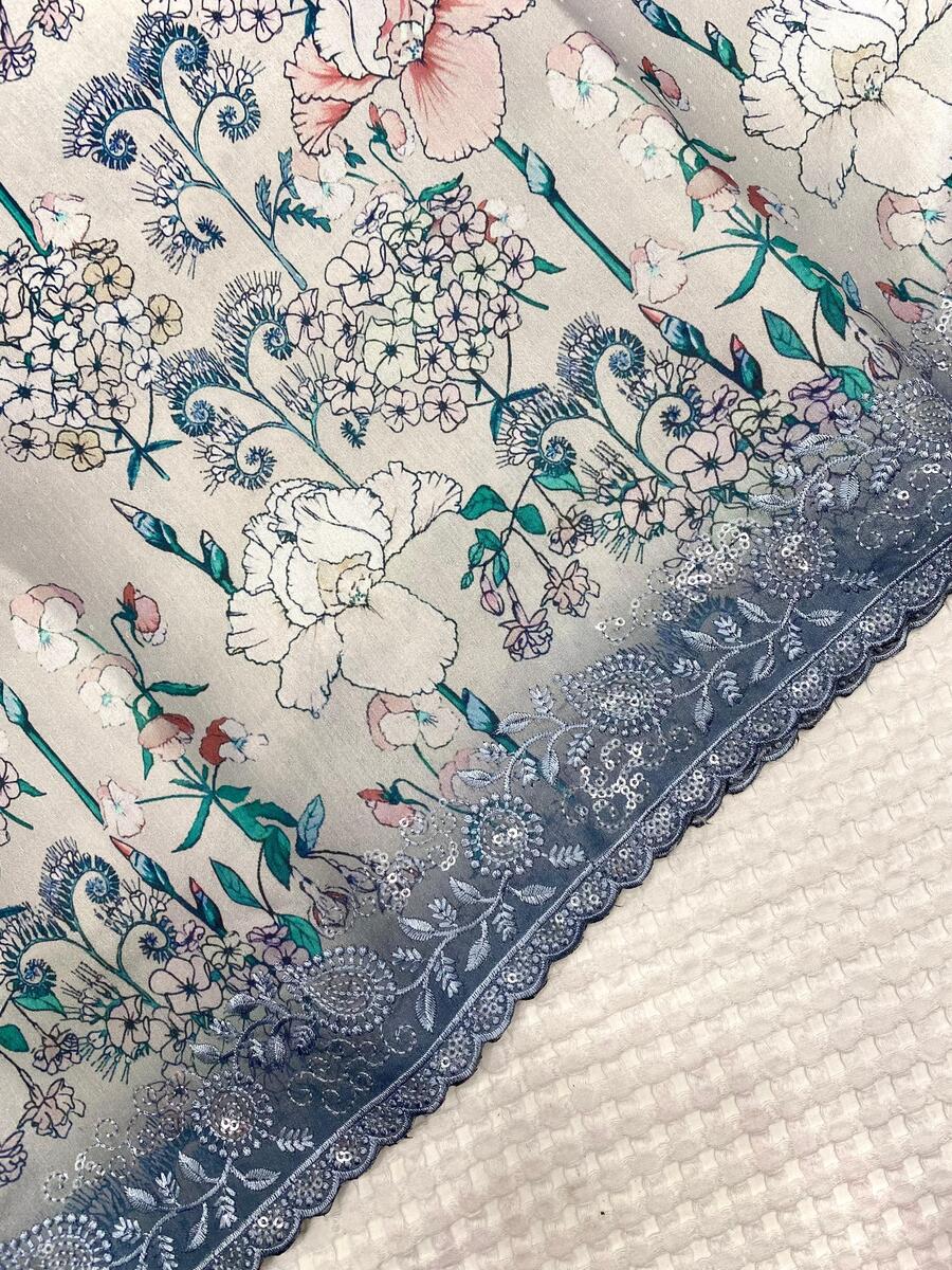 Designer Grey Embroidery Work Tussar Silk Saree With Stylish Blouse Piece