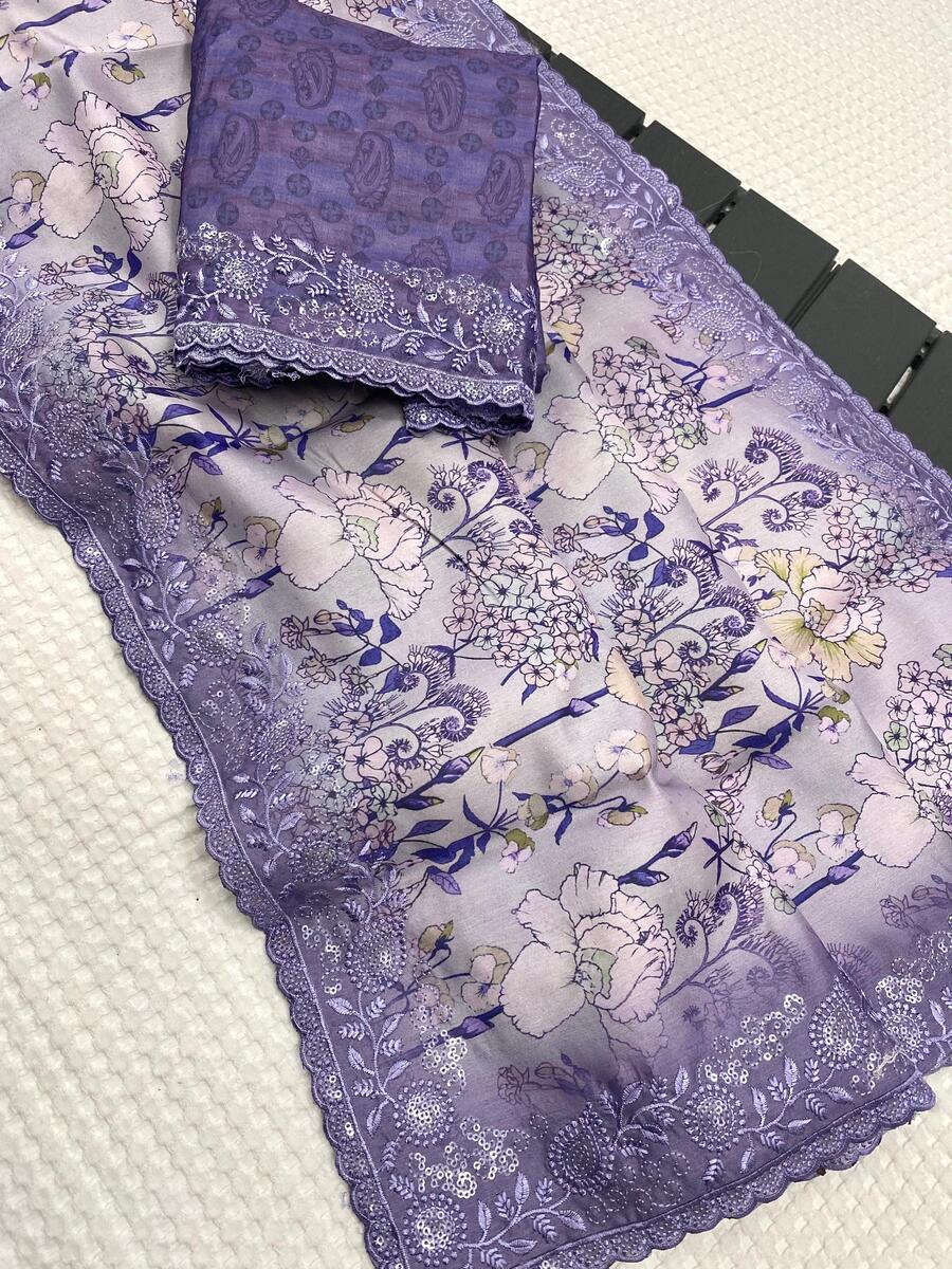 Sizzling Lavender Embroidery Work Tussar Silk Saree With Unequalled Blouse Piece
