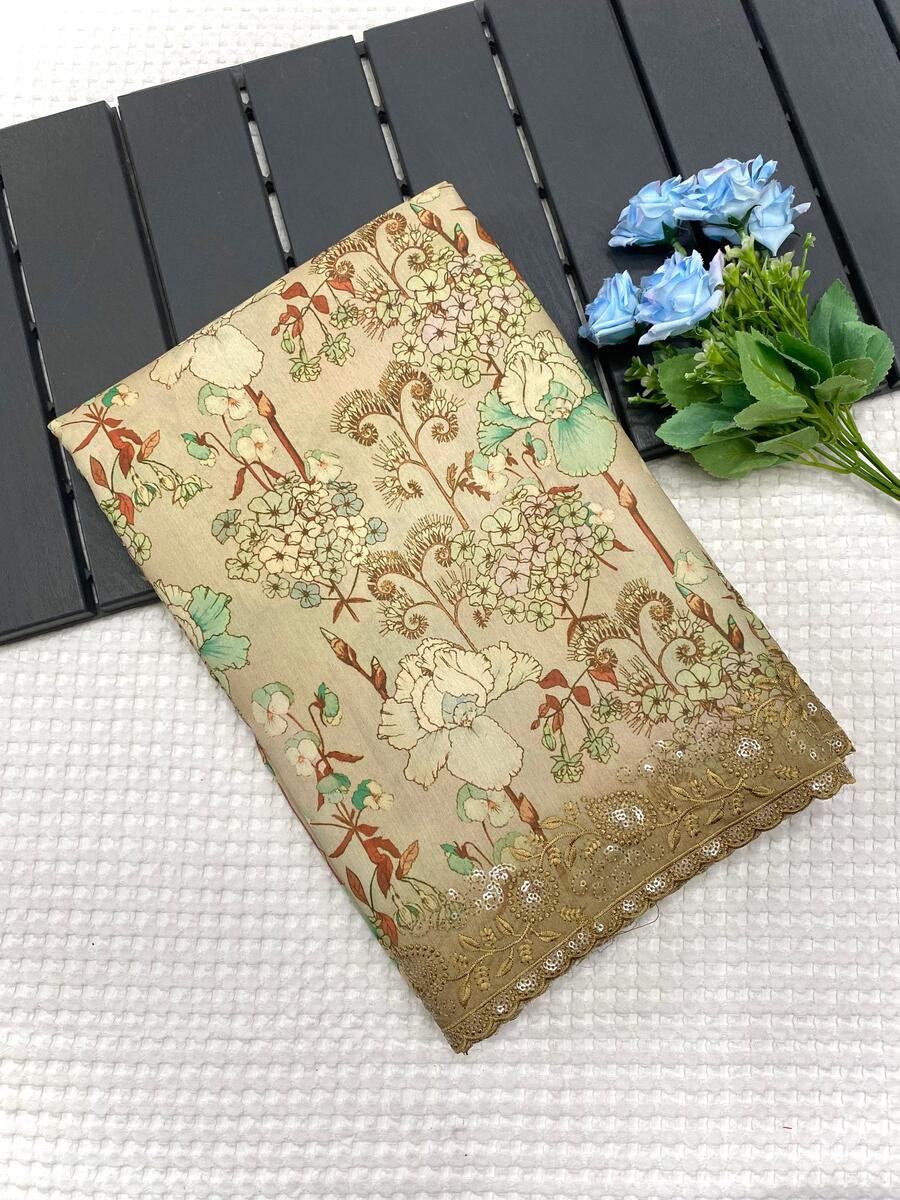 Elaborate Mustard Embroidery Work Tussar Silk Saree With Preferable Blouse Piece