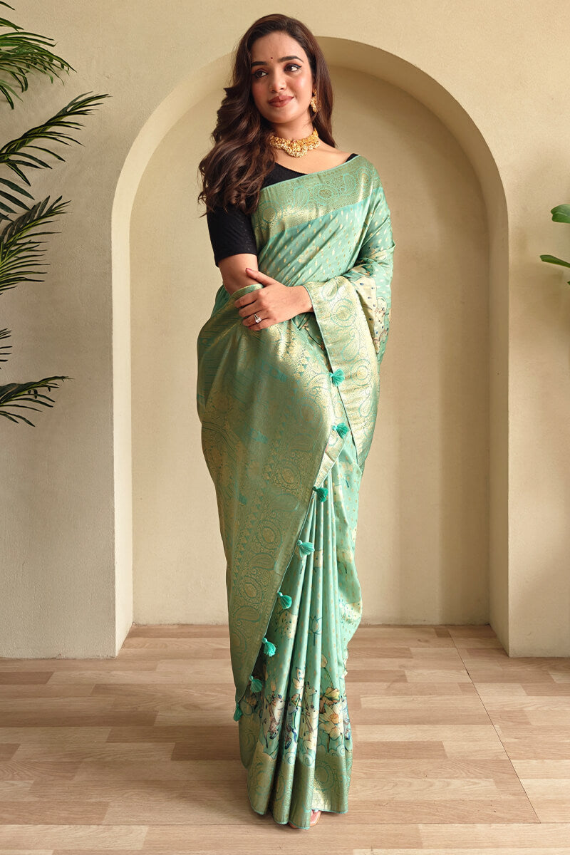 Enigmatic Sea Green Soft Banarasi Silk Saree With Splendorous Blouse Piece