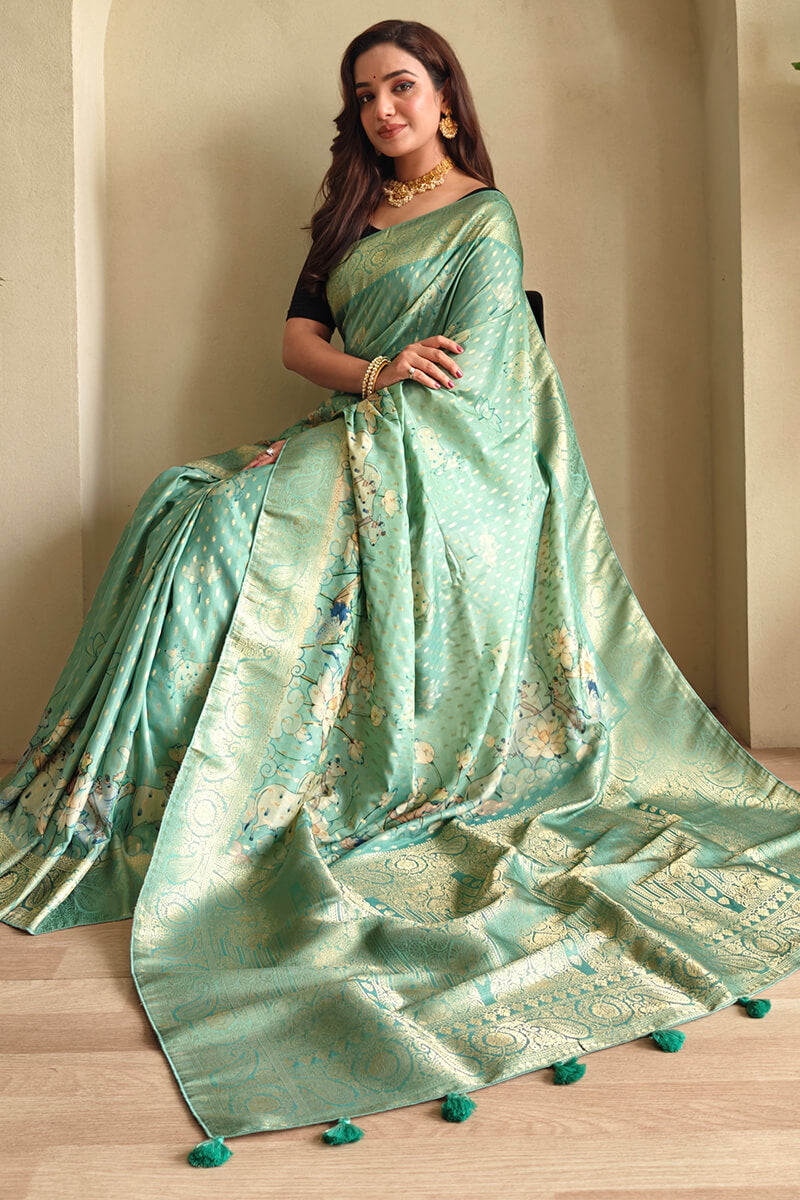 Enigmatic Sea Green Soft Banarasi Silk Saree With Splendorous Blouse Piece