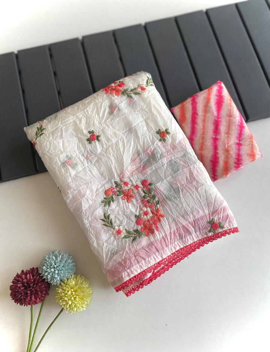 Jubilant Off White Embroidery Work Crush Silk Saree With Admirable Blouse Piece