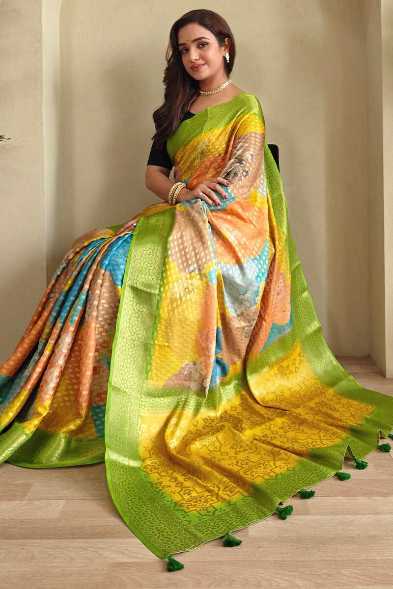 Enticing Multicolor Digital Printed Georgette Saree With Stunning Blouse Piece